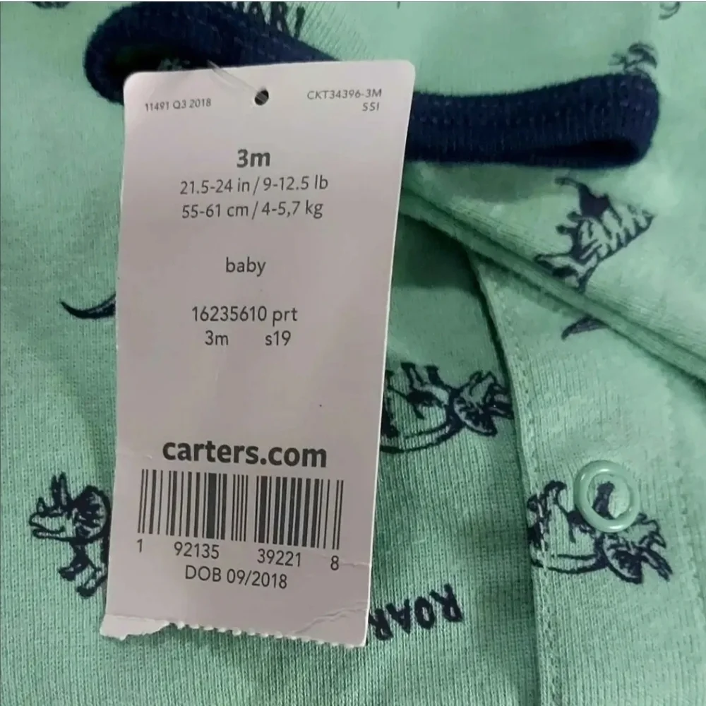 NWT Carter's Mint Romper with Navy Dinosaur Design ~sz 3 Mos